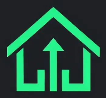 Logo de l&#39;;entreprise, maison avec un flêche. le logo est noir evec les contours de la maison et la flêche en vert